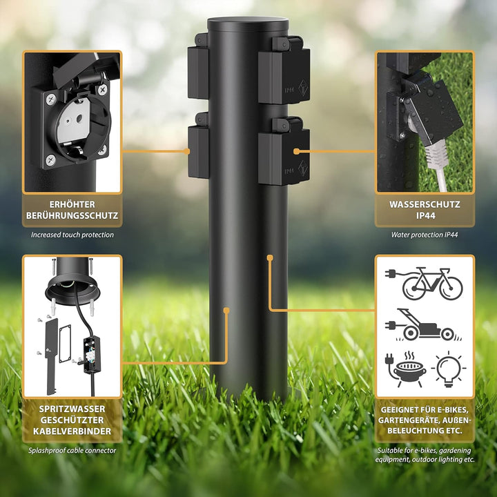 ledscom.de Garten-Steckdosen-Säule PORU mit Erdspiess für aussen, 4-Fach, Edelstahl, schwarz, rund,