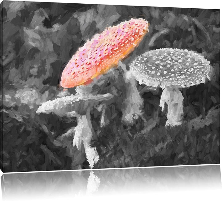 prächtige Fliegenpilze auf Waldboden schwarz/weiss Deluxe Format: 100x70 cm auf Leinwand, XXL riesig