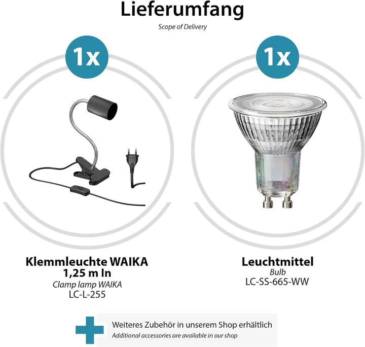 ledscom.de Klemmleuchte WAIKA Schwanenhals und Schalter schwarz matt + GU10 LED, PAR16, warmweiss, 6
