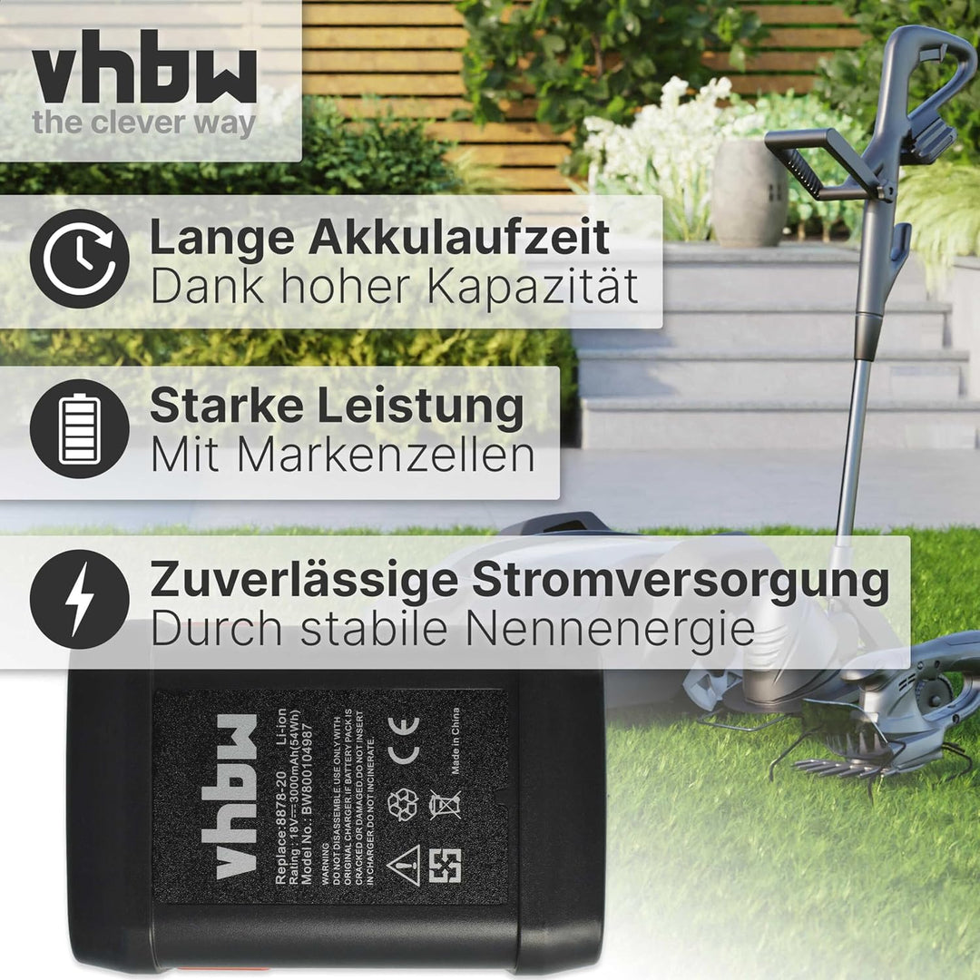 vhbw Akku 3000mAh kompatibel mit Gardena EasyCut 50-Li & Li-18/50, ErgoCut & HighCut 48-Li, AccuJet