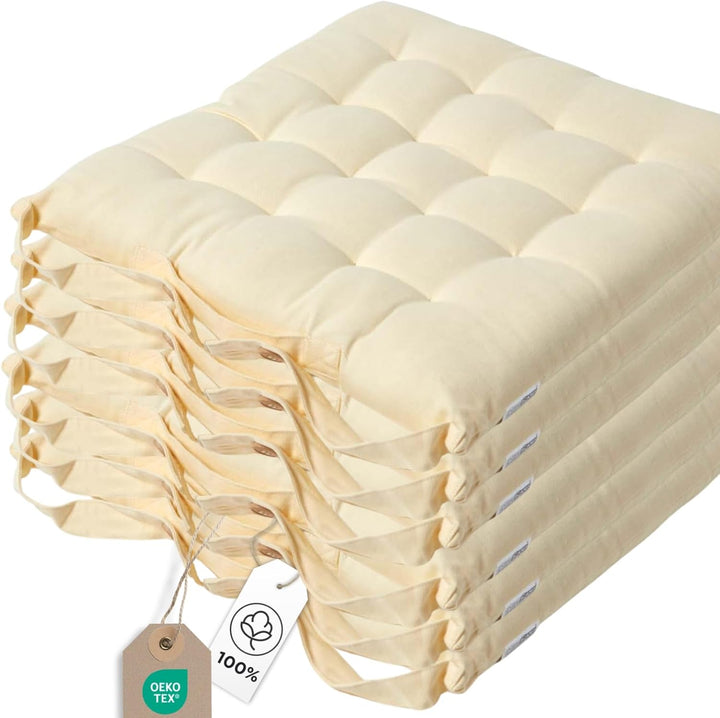 Homescapes 6er Set Stuhlkissen 40 x 40 cm, Creme, Sitzkissen mit Bändern und Knopfverschluss, einfar