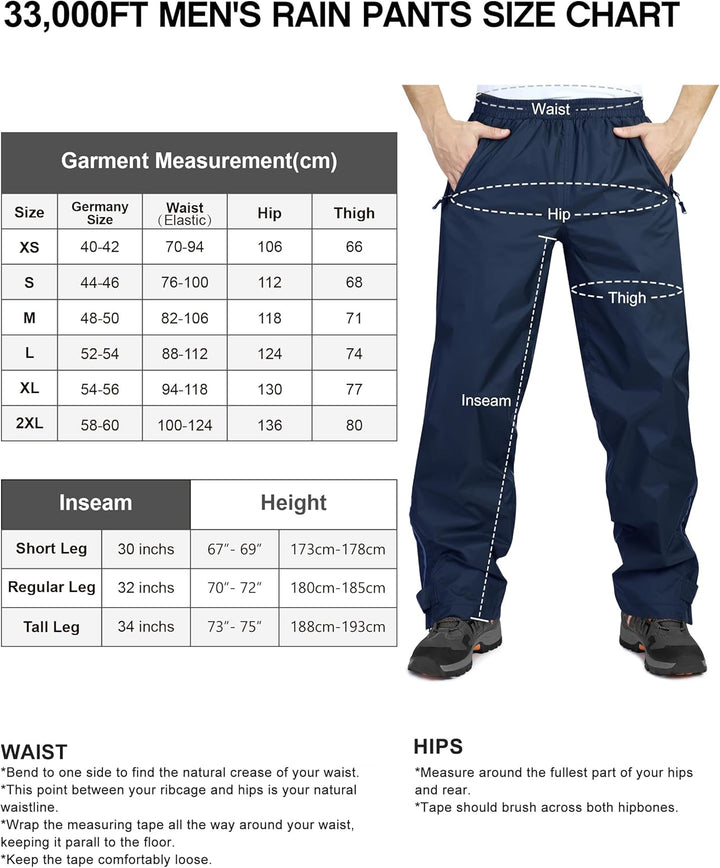33,000ft wasserdichte Regenhose für Herren Leichte Regenhose Winddichte Outdoorhose zum Wandern Camp