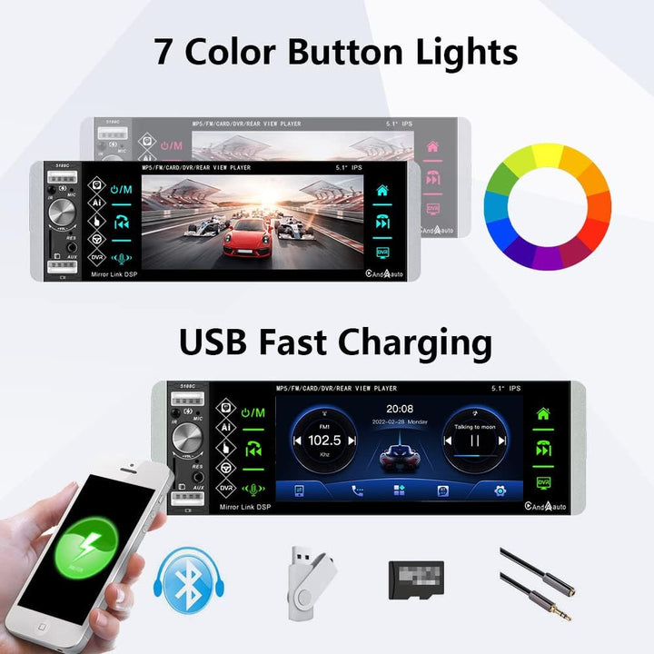 Podofo Autoradio 1 Din mit Apple CarPlay, Bluetooth, Android Auto, 5,1 Zoll IPS-Display Autoradio Un