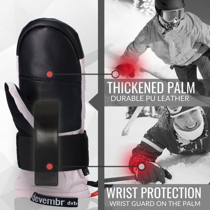 devembr Ski-Fäustlinge mit Handgelenkschützern, Warme Snowboard-Fäustlinge, Wasserdicht (S/M/L) Hell