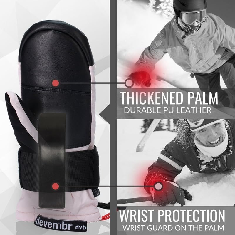 devembr Ski-Fäustlinge mit Handgelenkschützern, Warme Snowboard-Fäustlinge, Wasserdicht (S/M/L) Rosa