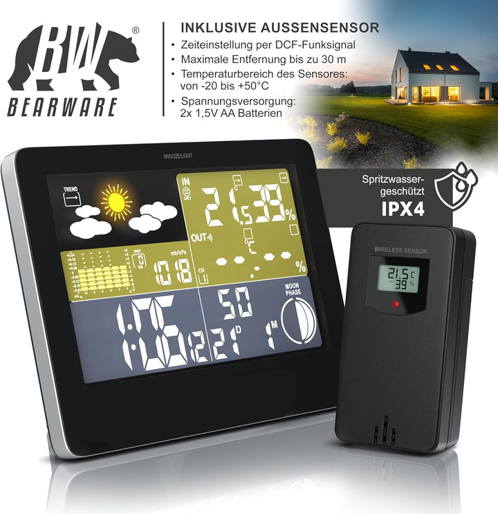 CSL - Funk Wetterstation mit Farbdisplay - inkl. Aussensensor - DCF Empfangssignal Funkuhr - Innen-