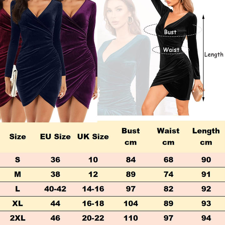 CheChury Damen Winterkleid Festlich Kleid Samtkleid Lange Ärmel Wickelkleid Bodycon Kurzes V Ausschn