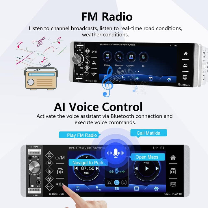 Podofo Autoradio 1 Din mit Apple CarPlay, Bluetooth, Android Auto, 5,1 Zoll IPS-Display Autoradio Un