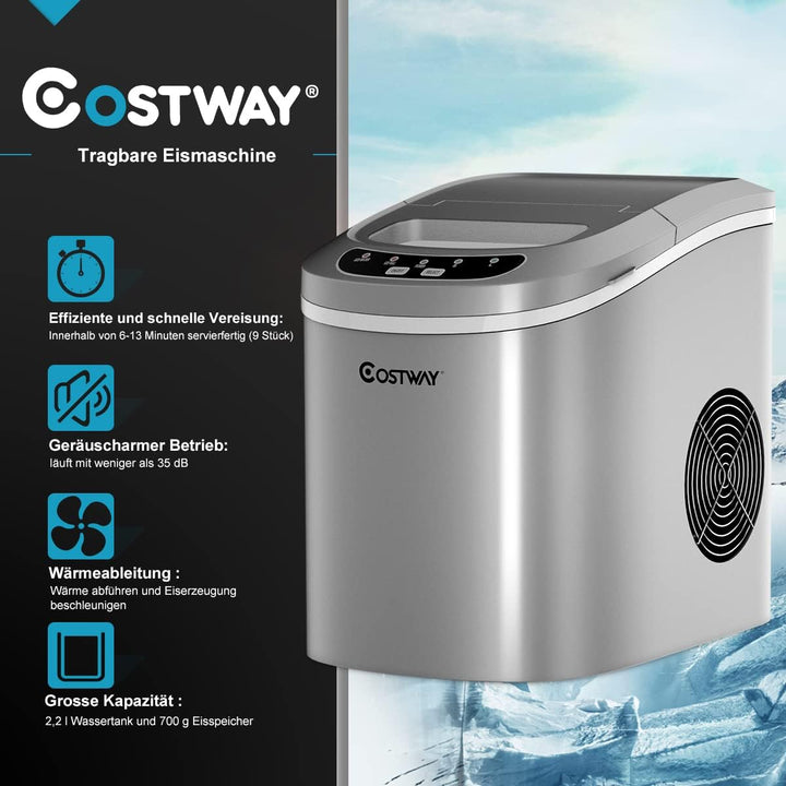 COSTWAY Eiswürfelmaschine 12KG/24H, Ice Maker 9 Eiswürfel in 6-13min, Eismaschine 2,2L Wassertank, E
