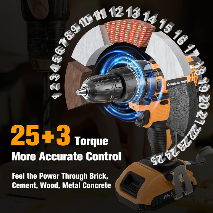 Akkuschrauber 21V, Bohrschrauber mit 2 Akkus 2.0Ah, 42Nm Akku Bohrmaschine, 2 Gang, 25+3 Drehmoments