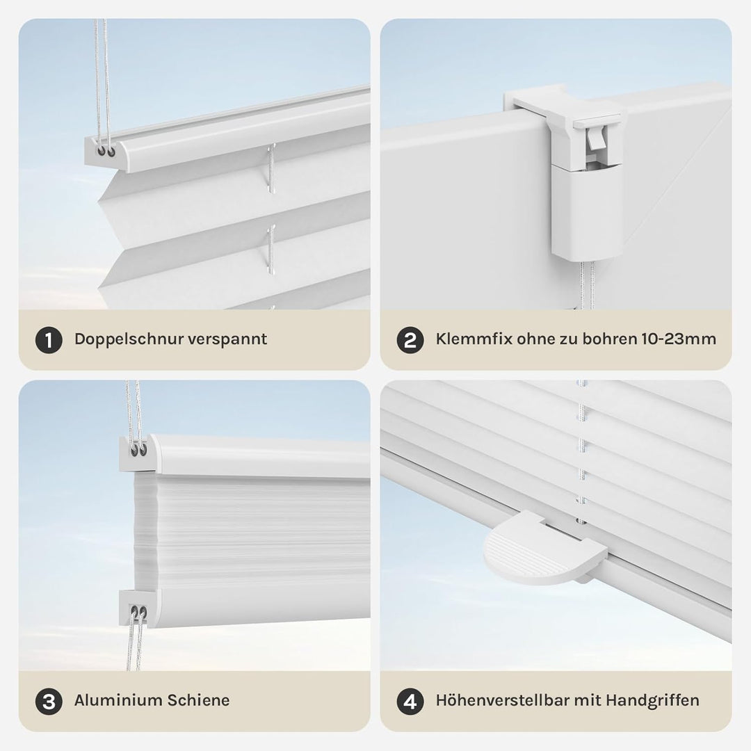 WOLTU Plissee Klemmfix ohne Bohren 115x130cm (BxH) Weiss Faltrollo Plisseerollo mit Klemmtrรคger Lich