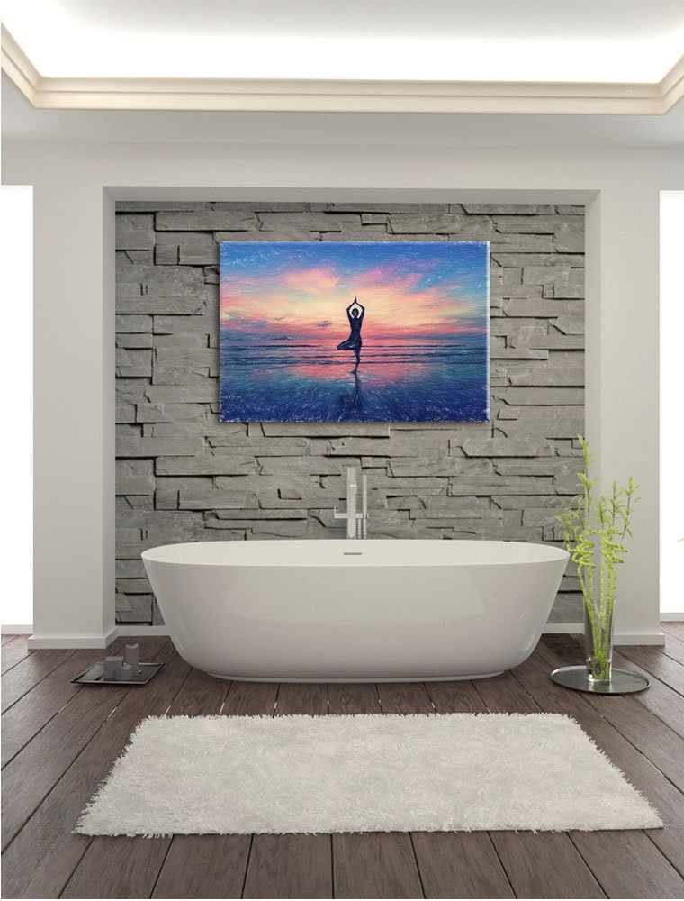 Pixxprint Yoga am Strand / 100x70cm Leinwandbild bespannt auf Holzrahmen/Wandbild Kunstdruck Dekorat