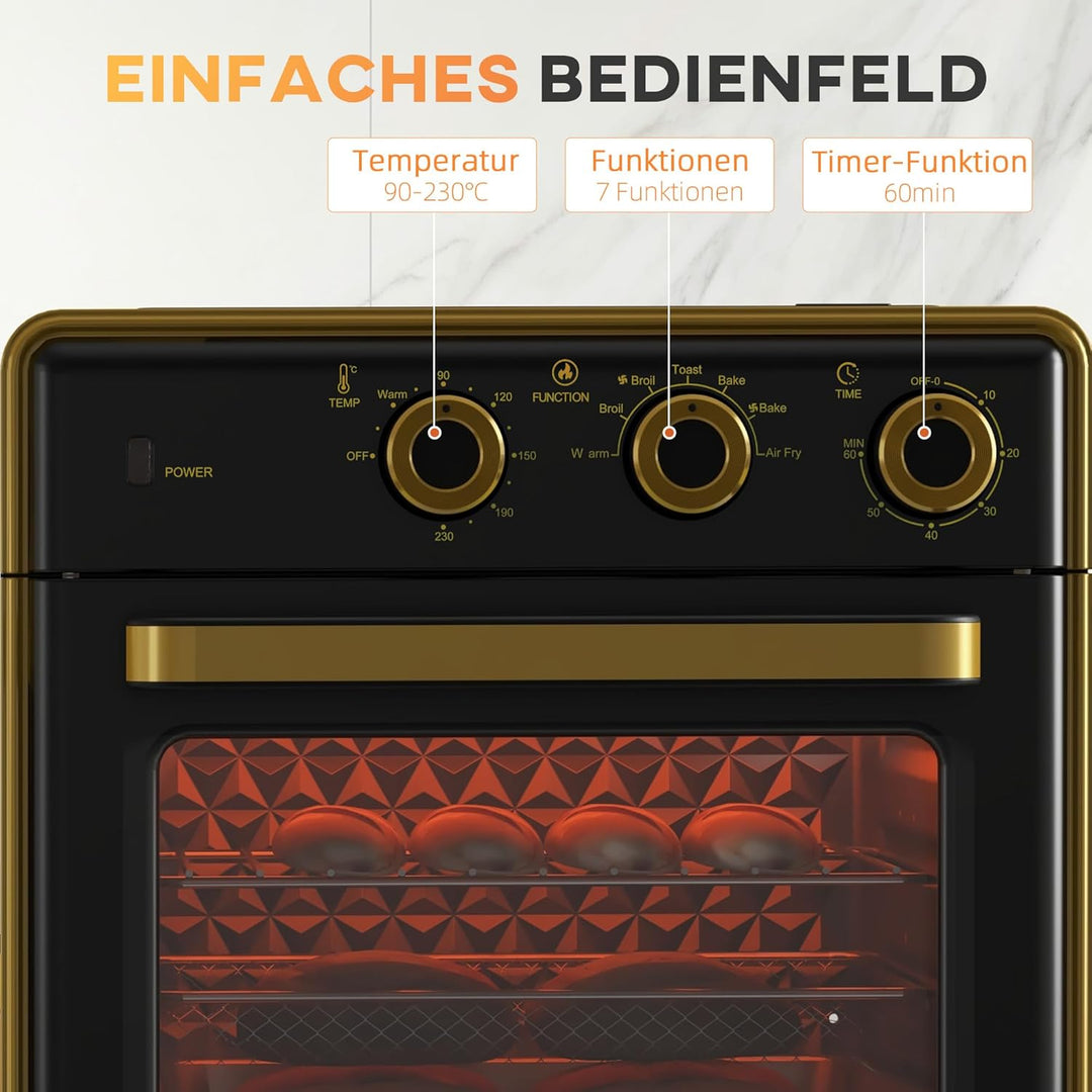 HOMCOM Minibackofen 20L, 5 in 1 Pizza-Ofen inkl. Backblech Set, Frittierkorb, Krümelblech, 1 Std. Ti