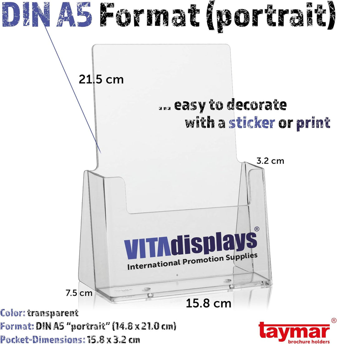 5 C160 Stück taymar DIN A5 Tisch-Prospekthalter, Prospektständer, glasklarer Flyerständer, Präsentat