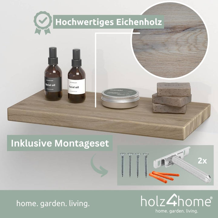 holz4home® Wandregal ohne Baumkante 40 cm Länge, Hellgrau Geölt I Schweberegal mit Befestigung im mo
