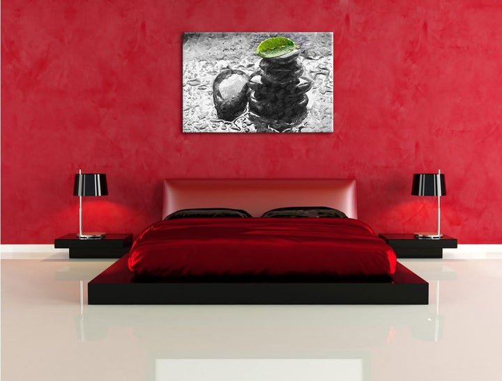 Pixxprint Zensteinturm im Regen als Leinwandbild/Grösse: 100x70 cm/Wandbild/Kunstdruck/fertig bespan