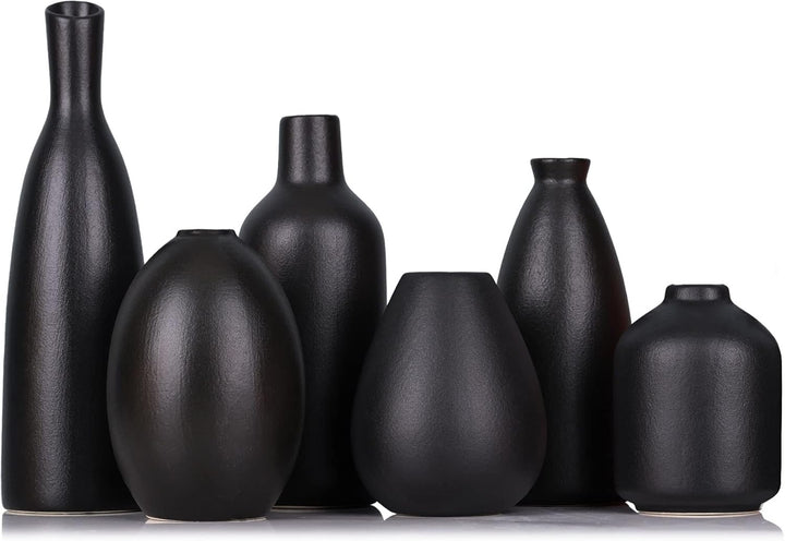 Schwarze Keramik Knospen Vasen Set von 6, Bauernhaus Dekor, Kamindekor, Kaminsims & Regal Dekor, Hei