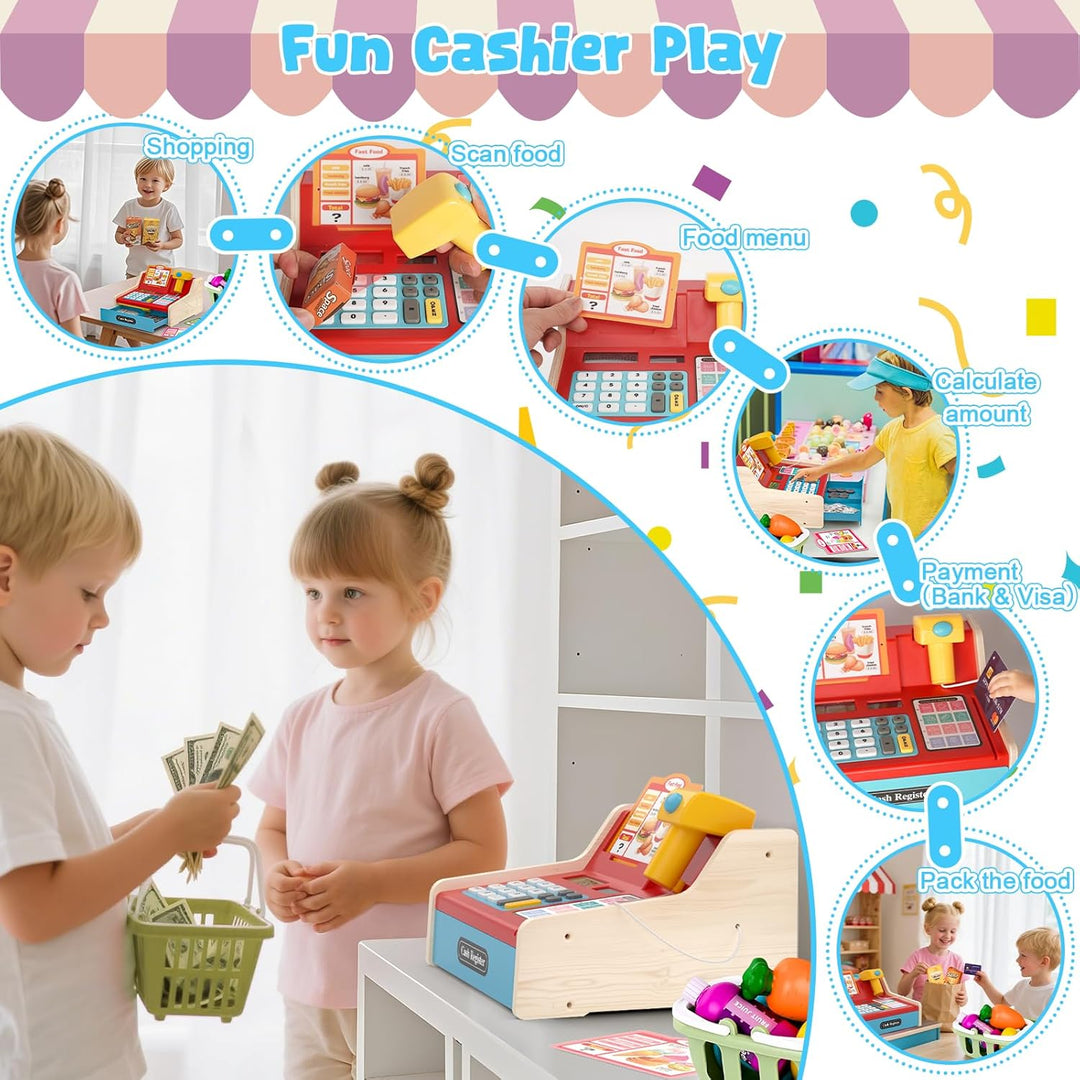 maysida Kinderkasse Holz-Registrierkasse mit Scanner & Sound fĂŒr Kinder 3-5 Jahre, Spielzeug Kasse m