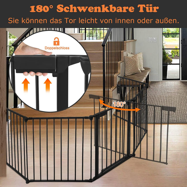 LZQ Kaminschutzgitter mit Sicherheitstür Metall Ofenschutzgitter Gesamtlänge 300 cm, Kamingitter Kin