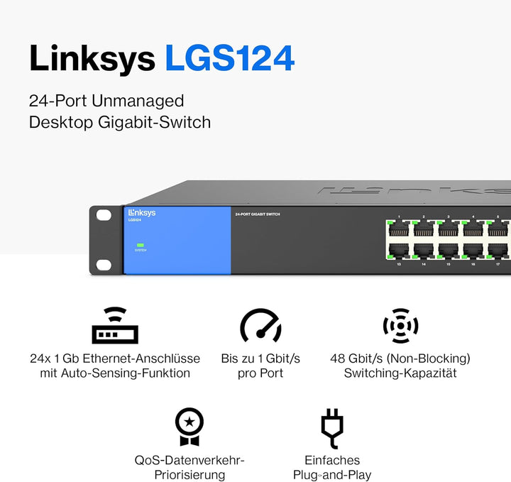 Linksys LGS124-EU 24-Port Unmanaged Gigabit-Netzwerk-Switch – Ethernet-Switch/Hub mit Metallgehäuse,