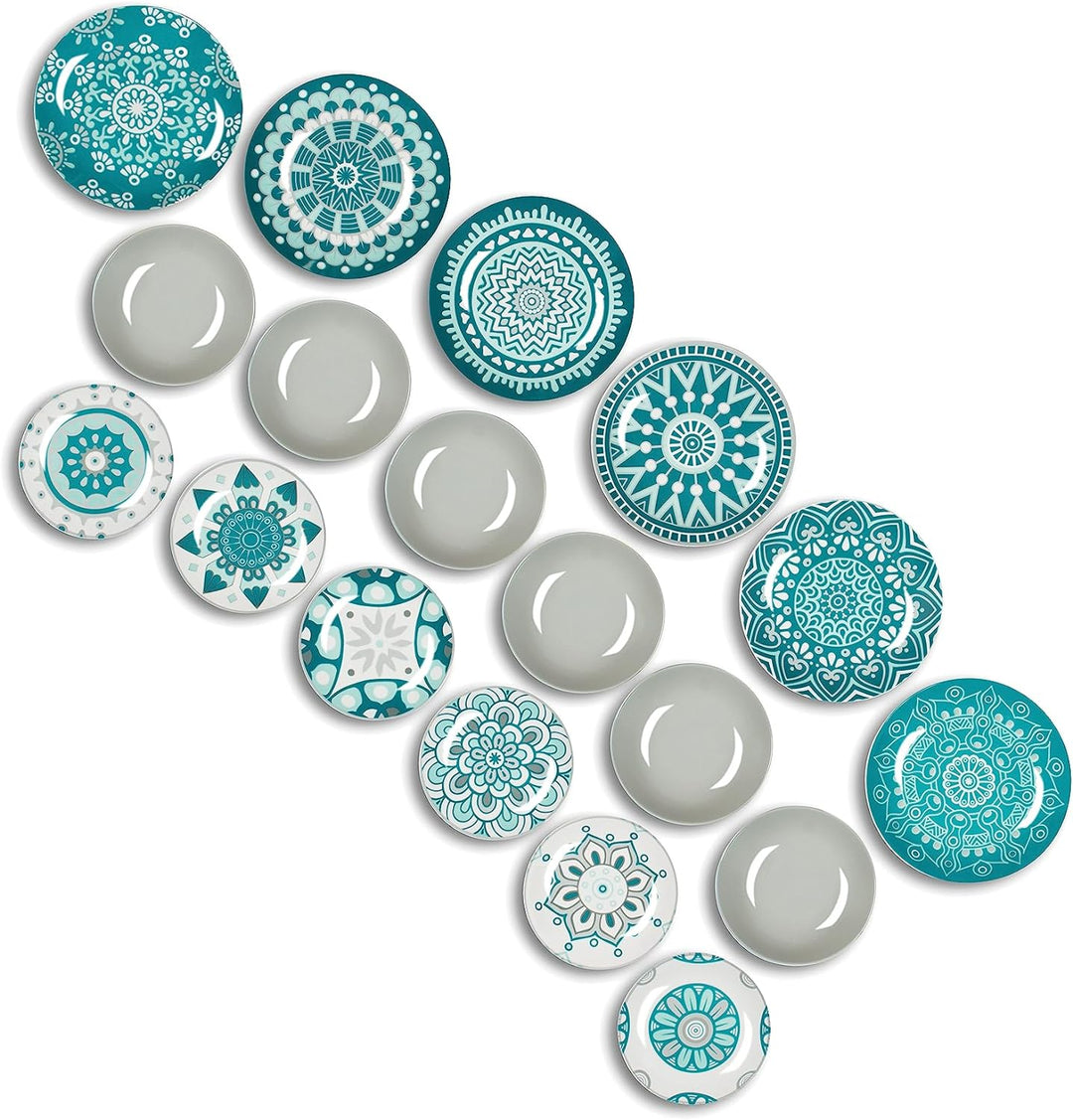 Excelsa Mandala Tellerservice 18 Stück, Porzellan, Hellblau/Grau