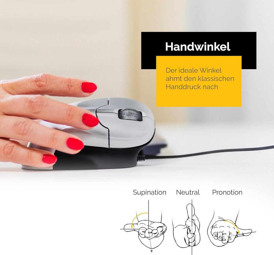 BakkerElkhuizen Grip Mouse Wireless, Ergonomische vertikale Maus, Rechtshänder, Kabellos, Silber/Sch