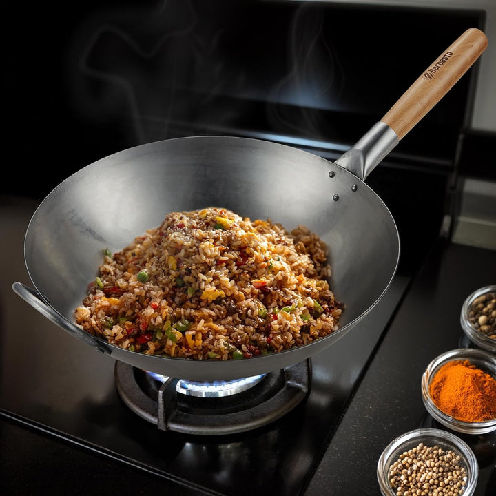CLP Wok-Set aus Karbonstahl I Flacher oder runder Boden für Gas, Induktion und Grill I Wokpfanne mit