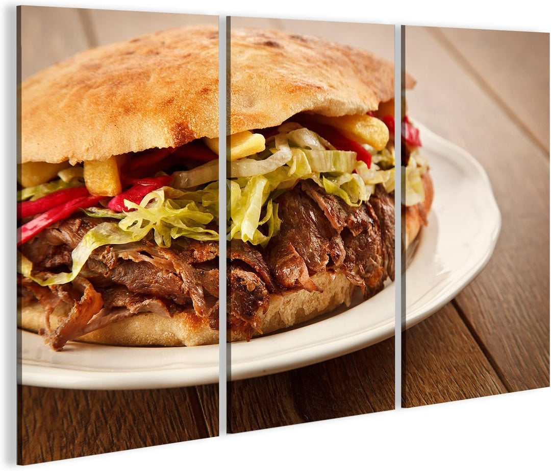 Bild Bilder auf Leinwand Döner Kebab - gegrilltes Fleisch, Brot und Gemüse Shawarma Sandwich Wandbil