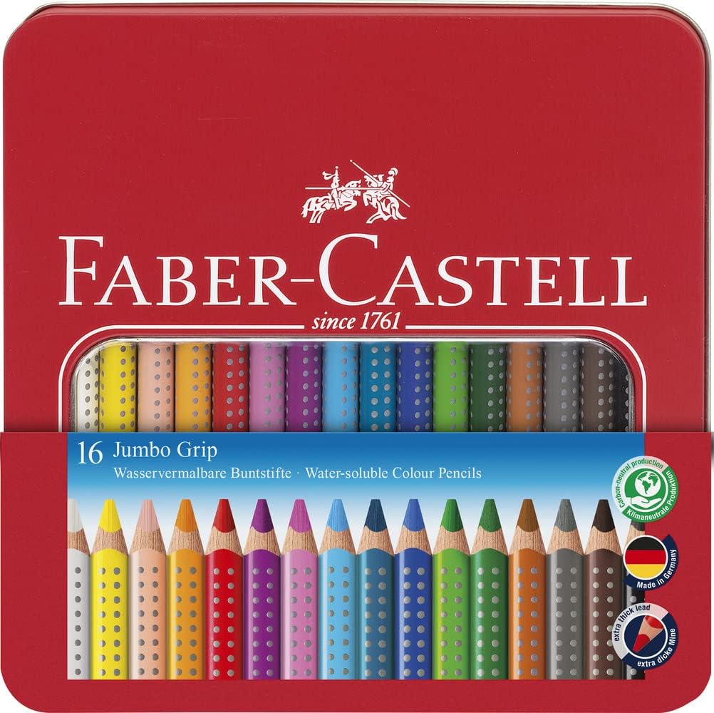 FABER-CASTELL 110916 - Jumbo Buntstifte Set Grip, 16 Stifte im Metalletui 16er Set, 16er Set