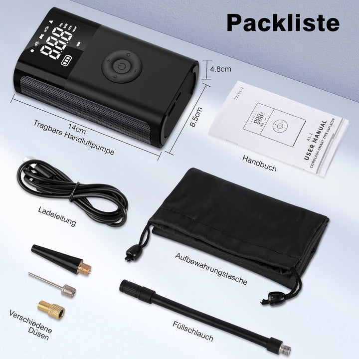 CARSUN Elektrische Luftpumpe,150PSI Fahrradpumpe Elektrisch,Tragbare Akku Luftpumpe,Akku Kompressor