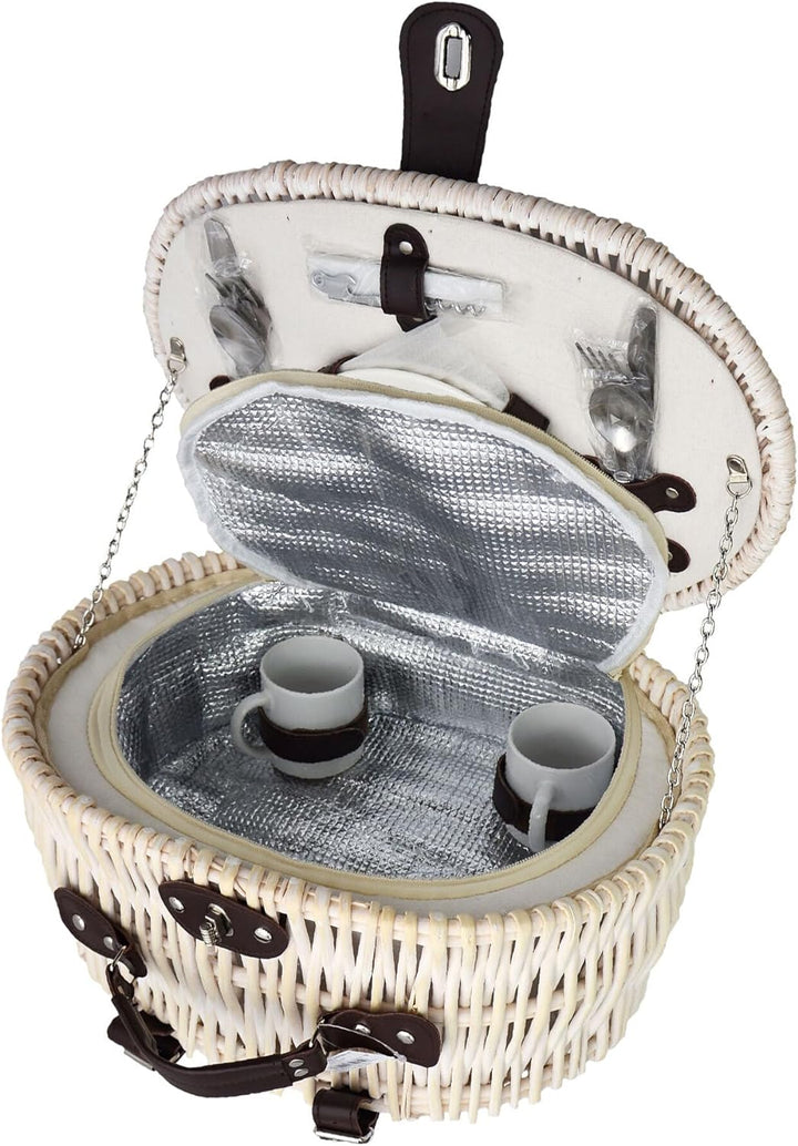 UNUS Fahrradkorb/Picknickkorb oval weiss Kühlfunktion mit passenden Besteck Porzellan 2 Personen