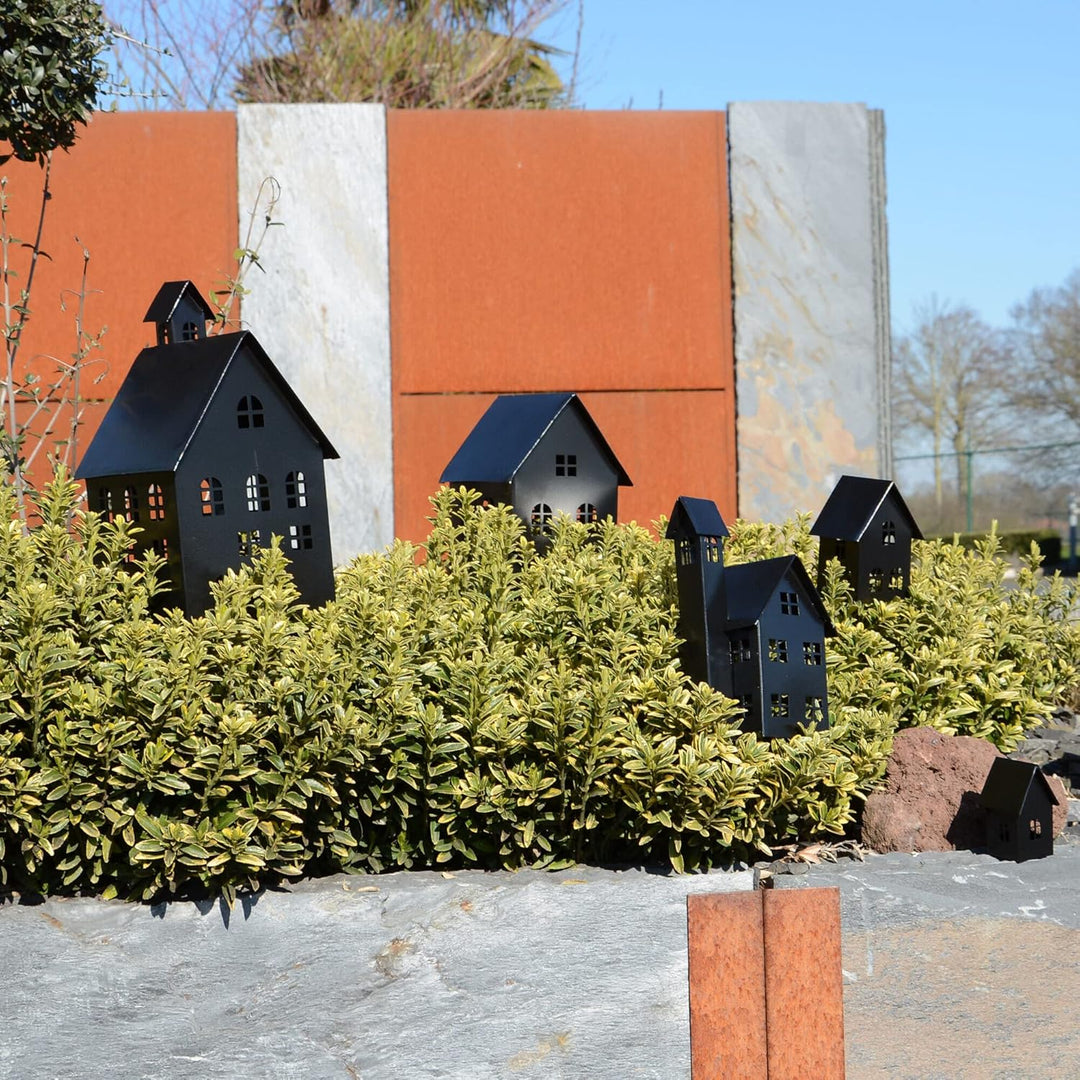 UNUS Deko Häuser 5er Set, Lichthäuser aus Metall, in Schwarz, Herbstdeko Outdoor, Weihnachtsdorf für