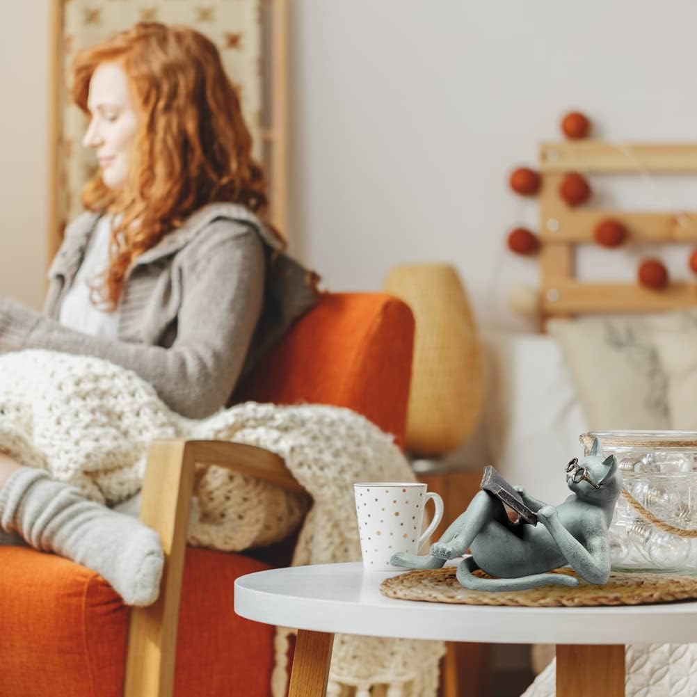 HUSHUI Literarische Katzen-Harz-Ornamente, Gartenstatuen-Dekoration, Lesebrille, Katzenhandwerk für