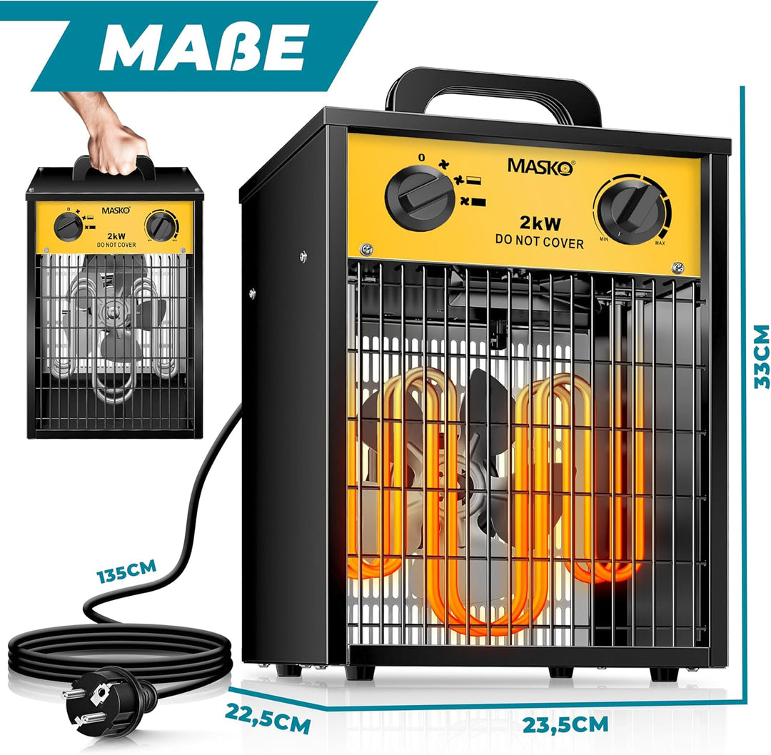 Masko® Elektroheizer Heizlüfter Bauheizer 2 KW mit integriertem Thermostat elektrisch Heizgerät 2000