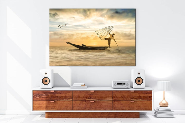 deyoli verspielter Fischer auf seinem Boot Format: 80x60 als Leinwandbild, Motiv fertig gerahmt auf