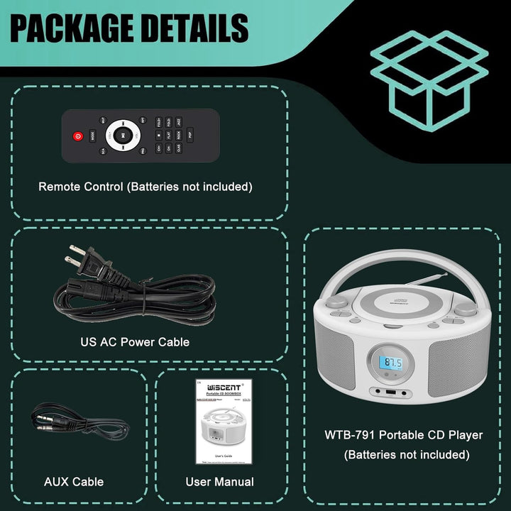 WISCENT Tragbares CD Radio (CD-Player, Boomboxen, UKW Radio, USB, Kopfhöreranschluss, AUX-In),CD Spi