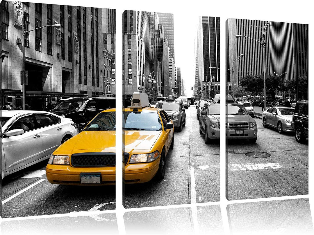 Gelbes Taxi in New York schwarz/weiss 3-Teiler Leinwandbild 120x80 Bild auf Leinwand, XXL riesige Bi