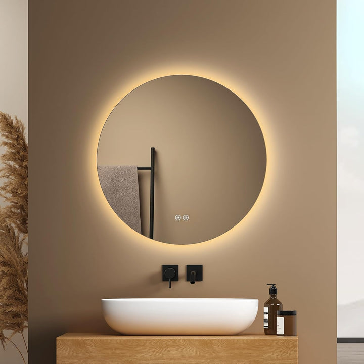 EMKE Badspiegel mit Beleuchtung Rund 50cm Badezimmerspiegel mit 3 Lichtfarbe dimmbar, Touch, Speiche