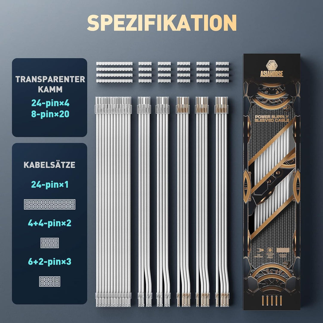 AsiaHorse PSU Cable Extension for Power Supply with Transparent Plug and Cable Combs 24 Pin / 2 x 8
