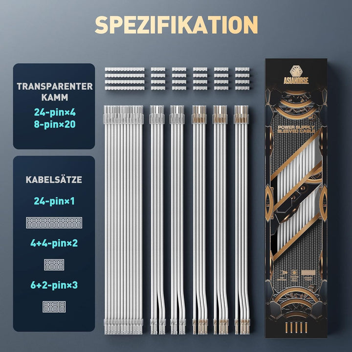 AsiaHorse PSU Cable Extension for Power Supply with Transparent Plug and Cable Combs 24 Pin / 2 x 8
