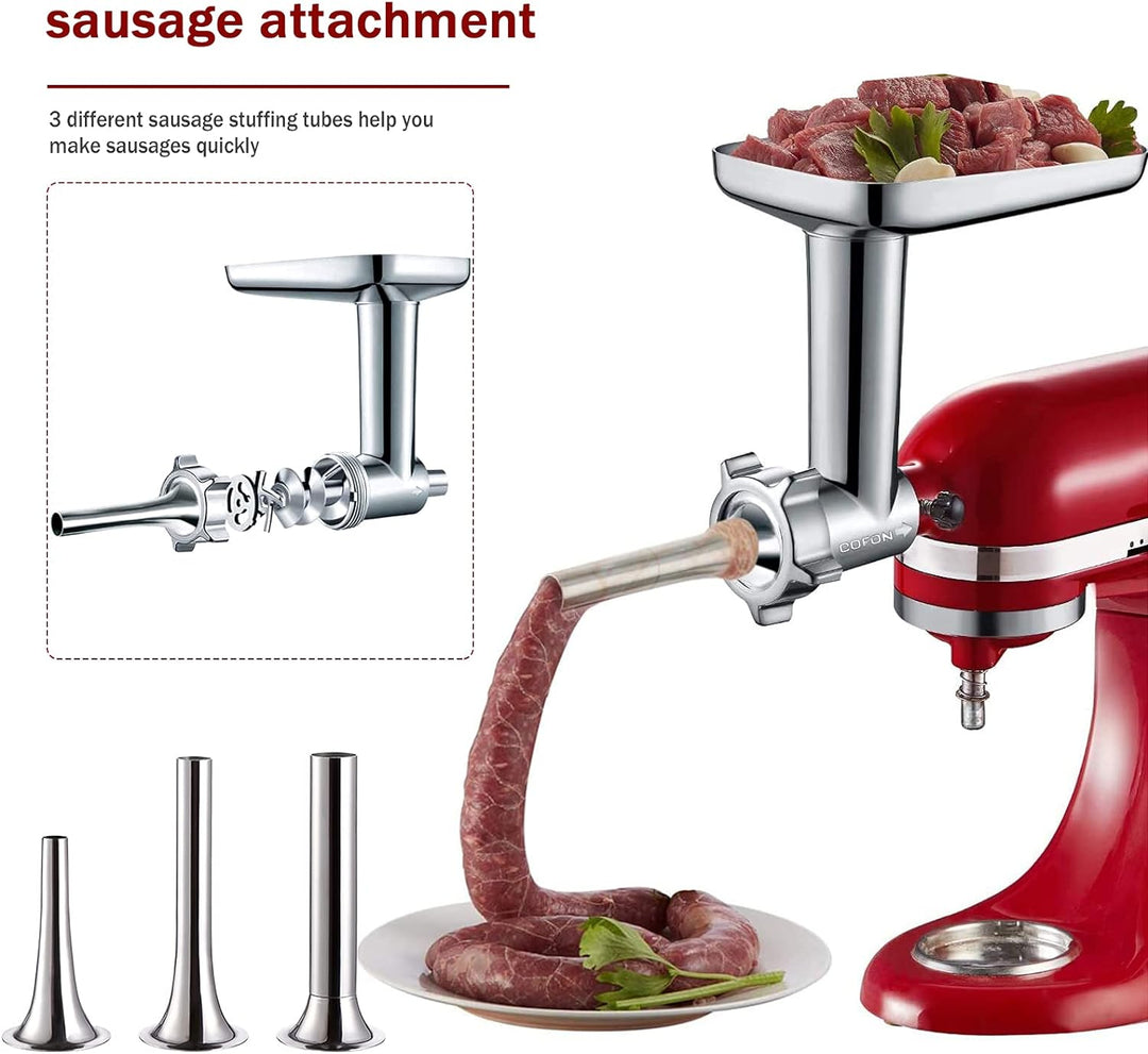 COFUN Fleischwolf Aufsatz für Kitchenaid Zubehör, als Kitchen Aid Zubehör mit 4 Mahlscheibe 3 Wurstf