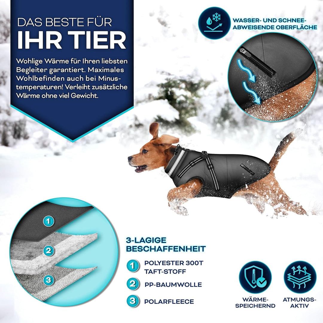 TRESKOยฎ Hundejacke Winter mit Reflektoren inkl. 15 Stรผck Kotbeutel + Spender | Hunderegenmantel wass