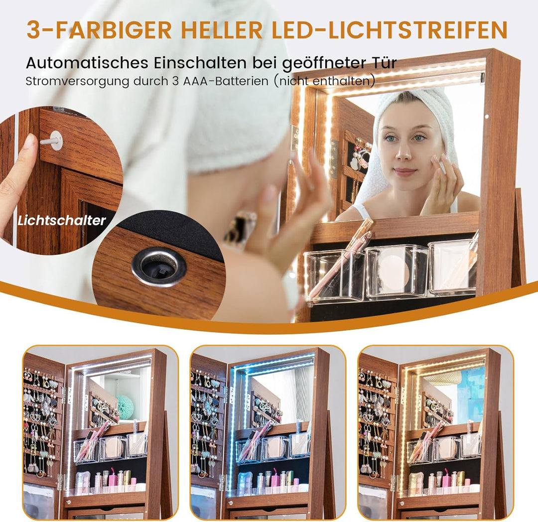 COSTWAY Schmuckschrank mit LED, Spiegelschrank 360° drehbar, mit rahmenlosem Ganzkörperspiegel, Schm