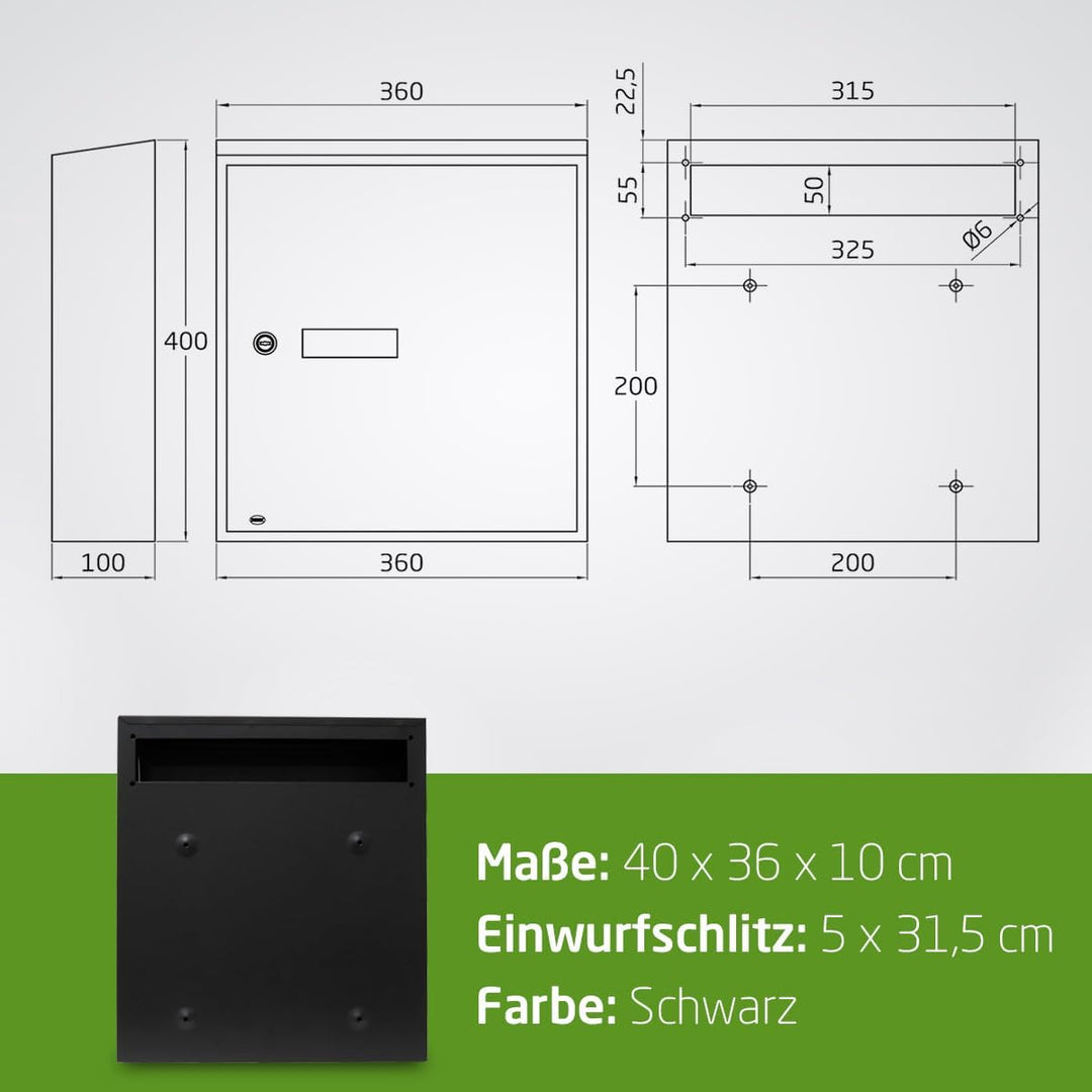 Amig 12372 - Innentür-Briefkasten Modell 6, aus Stahl, Farbe Schwarz, Masse 40 x 36 x 10 cm, DIN-A4-