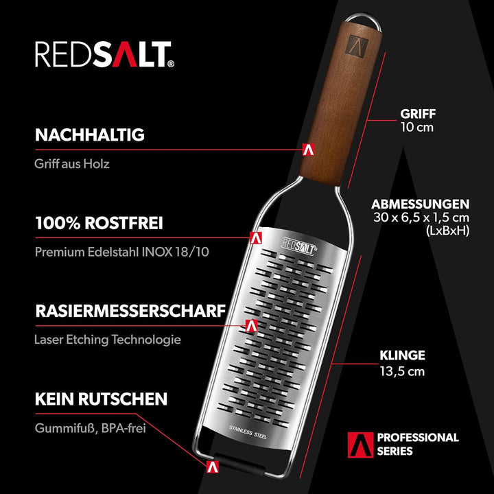 REDSALT® Premium 2-Wege Reibe mit Holzgriff | rasiermesserscharfe Profi Edelstahl Reibe für feine Ge