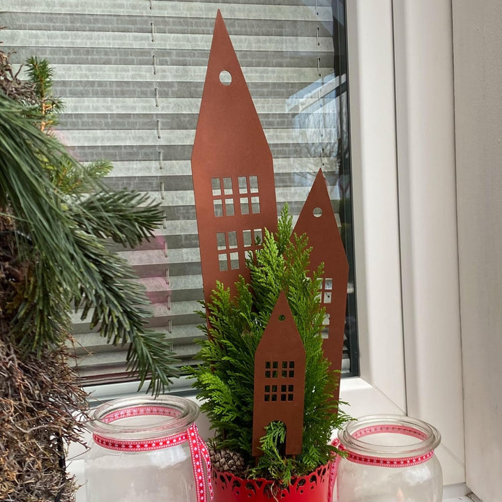 UNUS Garden Häuser Gartenstecker 3er Set, Gartendeko Rostoptik, Roststecker aus Edelrost Metall, Ros