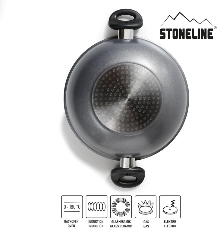 Stoneline Wok 28cm, mit Deckel, Aluguss, Wok Pfanne beschichtet mit echten Steinpartikeln, grau, ohn