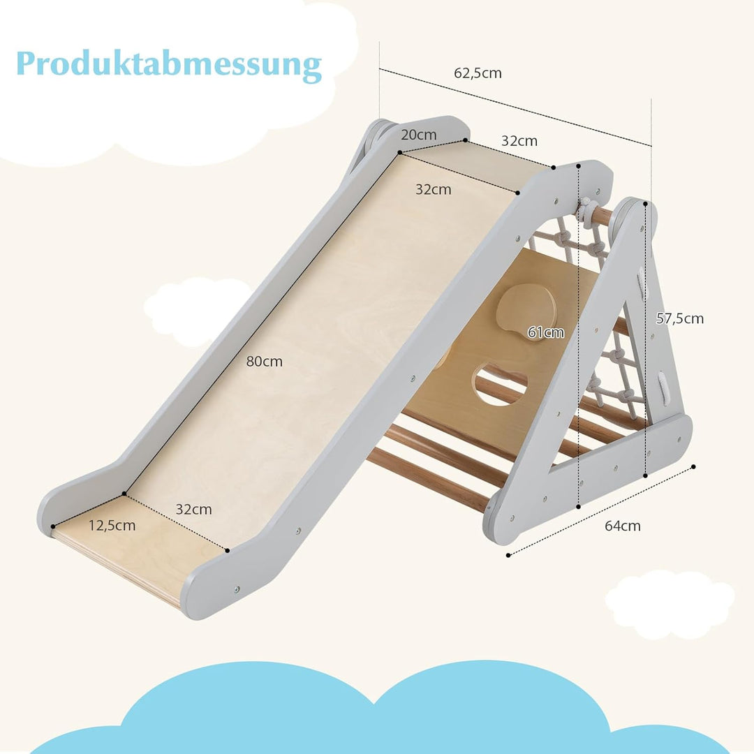 COSTWAY 4 in 1 Kletterdreieck mit Rutsche, Klettergerüst aus Holz, Sprossendreieck zum Rutschen und