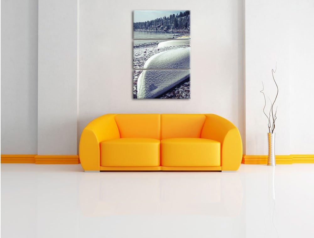Pixxprint zugeschneite Boote im Winter 3-Teiler Leinwandbild 120x80 Bild auf Leinwand