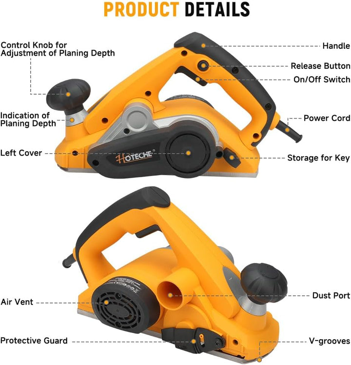Hoteche 900W Elektrohobel 82 * 3mm - 16000rpm, 65mn Klingen, VDE Stecker, Aluminiumplatte, inklusive